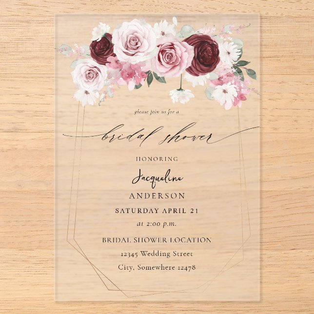 Burgund & Blush Rosa Blütenblättrige Ele 6 Brautpa Acryleinladungen (Vorderseite)