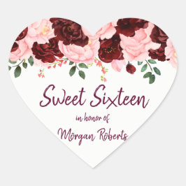 Burgund & Blush Rosa Sweet 16 Party Herz-Aufkleber
