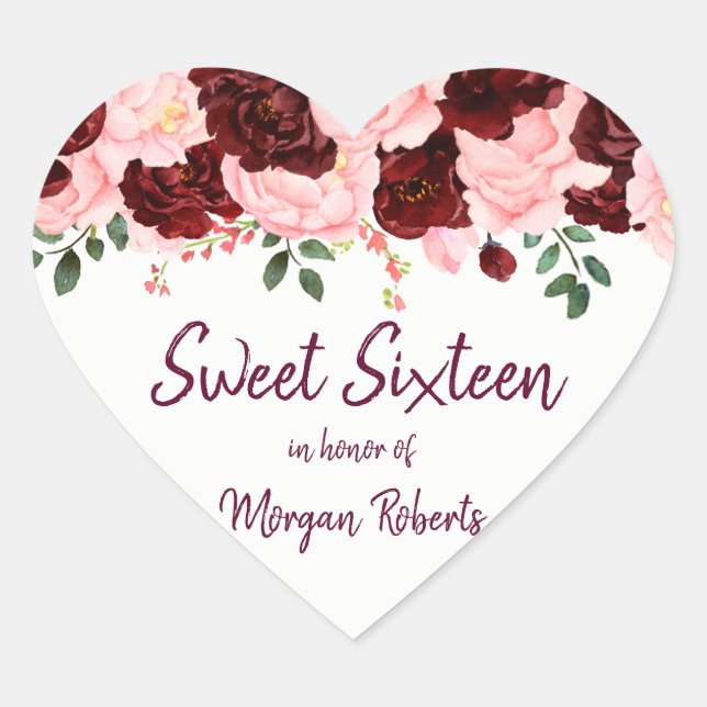 Burgund & Blush Rosa Sweet 16 Party Herz-Aufkleber (Vorderseite)