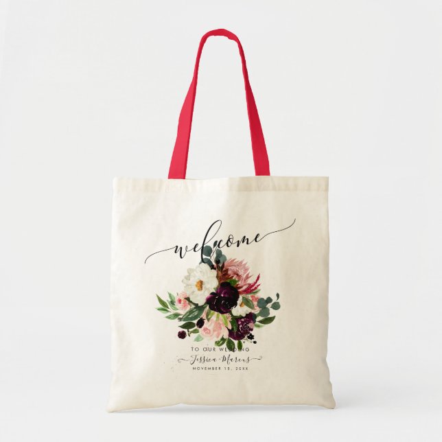 Burgund+Blush-Rose, Aquarellfarben-Blume Willkomme Tragetasche (Vorne)