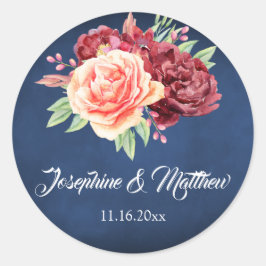 Burgund Blush Rose Blumenkorallendecke Hochzeit Runder Aufkleber