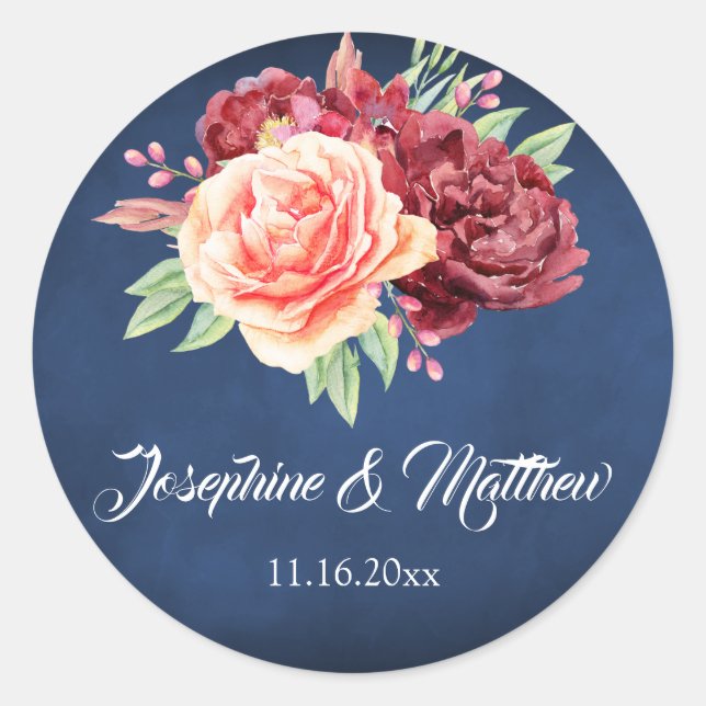 Burgund Blush Rose Blumenkorallendecke Hochzeit Runder Aufkleber (Vorderseite)