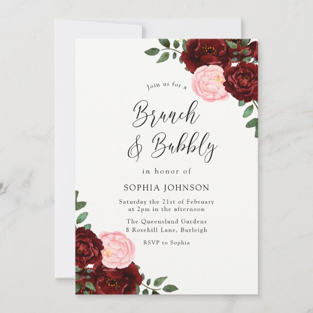 Burgund Blush Rose Brunch & Bubbly Brautparty Einladung (Vorderseite)