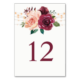Burgund Blush Rose Lights Blumenhochzeit Tischnummer