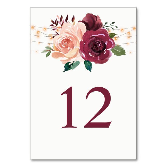 Burgund Blush Rose Lights Blumenhochzeit Tischnummer (Vorderseite)