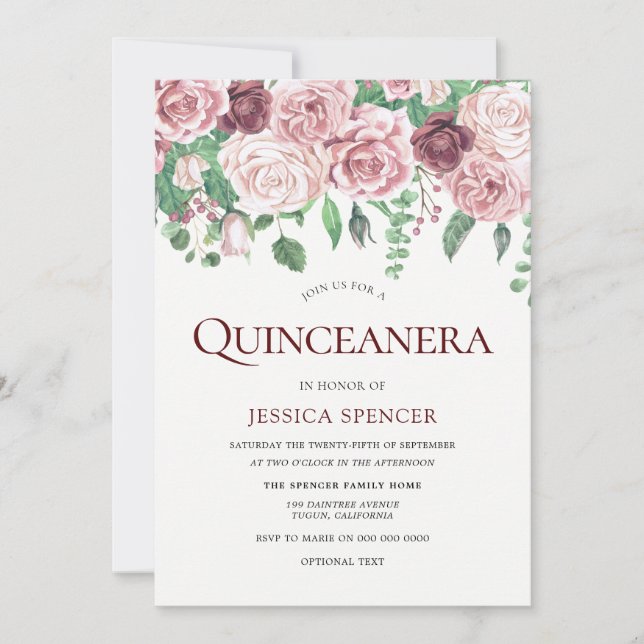 Burgund & Blush Rose Quinceanera Party laden Einladung (Vorderseite)