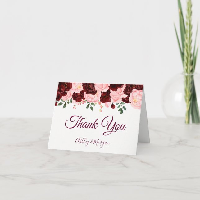 Burgund & Blush Roses Wedding Vielen Dank Dankeskarte (Vorderseite)