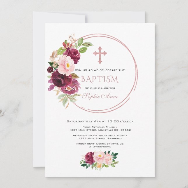 Burgund Blush Saffron Rose Gold Taufe Einladung (Vorderseite)