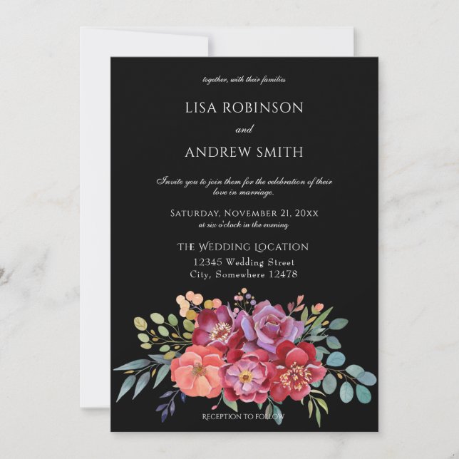 Burgund Blush Tropical Floral Wedding - Black V2 Einladung (Vorderseite)