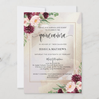 Burgund, Blush und Champagner-Floral Quinceñera Einladung