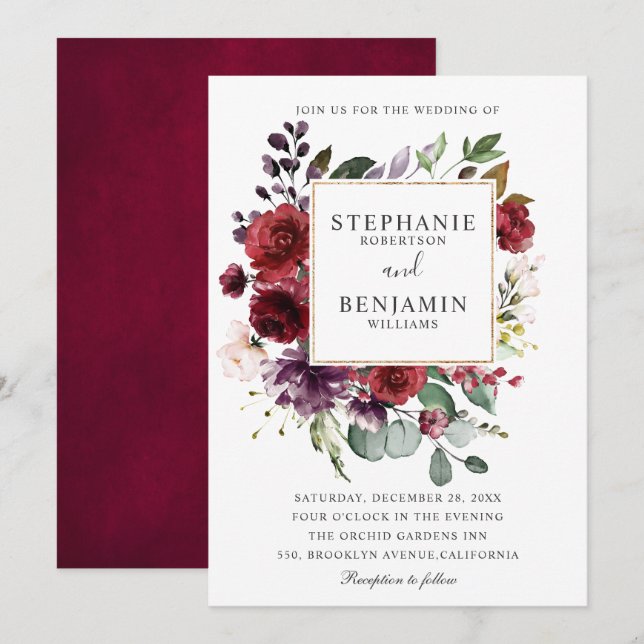Burgund Blush Wasserfarbe Blumenhochzeit Einladung (Vorne/Hinten)