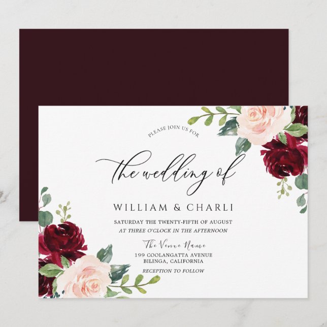 Burgund Blush Wasserfarbe Blumenhochzeit Einladung (Vorne/Hinten)
