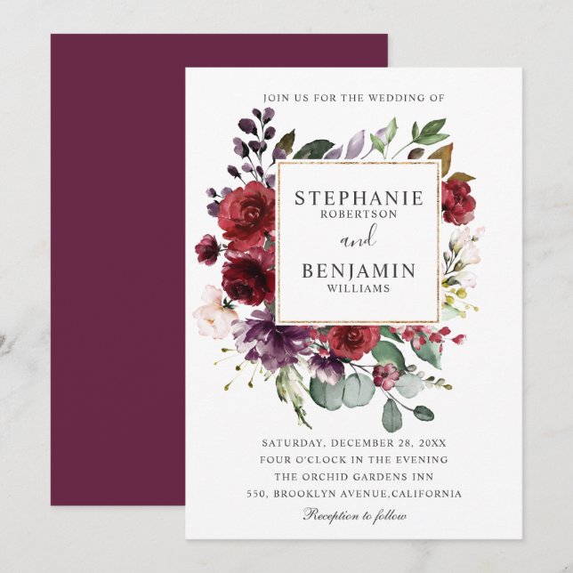 Burgund Blush Wasserfarbe Blumenhochzeit Einladung (Vorne/Hinten)
