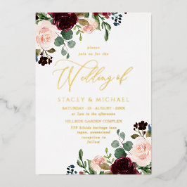Burgund & Blush Wasserfarbe Elegante Hochzeit Gold Folieneinladung