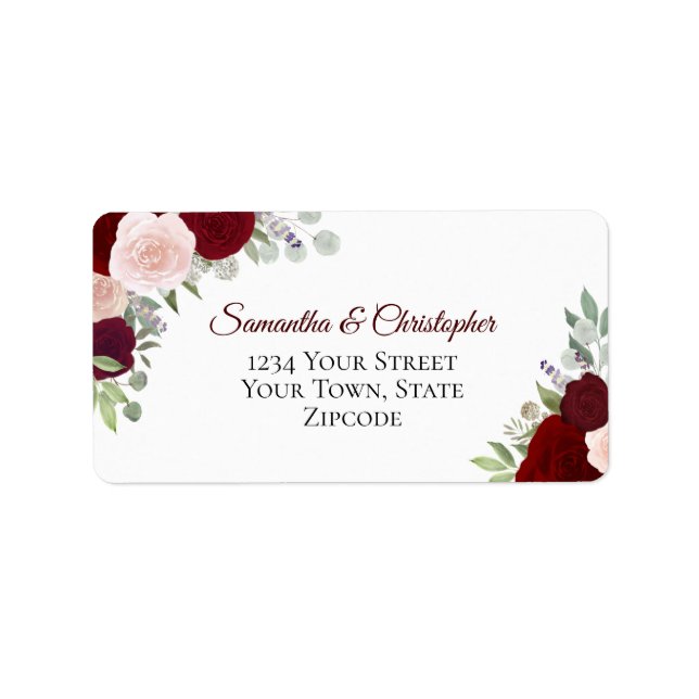Burgund & Blush Wasserfarbe Rose Hochzeitadresse Adressaufkleber (Vorne)