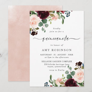 Burgund & Blush Wasserfarben Elegantes Quinceanera Einladung