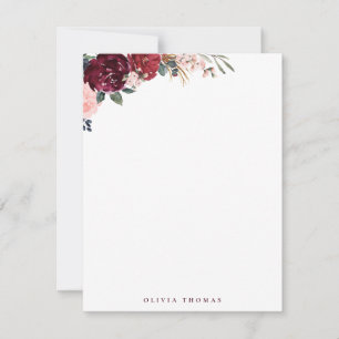 Burgund Boho Blumenbeete personalisiert Stationier Mitteilungskarte
