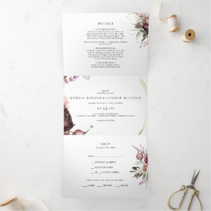 Burgund Boho Blumenhochzeit in einem Dreifach Gefaltete Einladung
