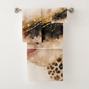 Burgund-Boho-Tierprint, Gold Achat Gold Art Badhandtuch Set