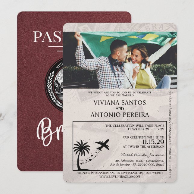 Burgund Brasilien Passport Hochzeitseinladung Einladung (Vorne/Hinten)