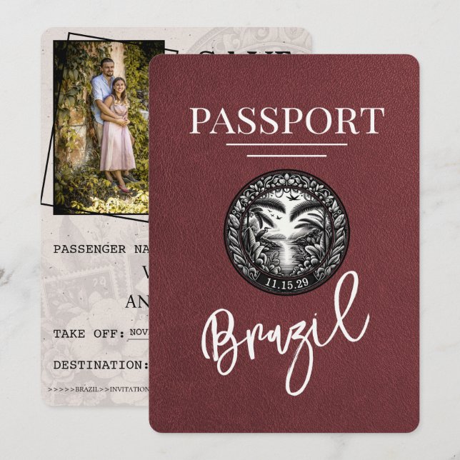 Burgund Brasilien Reisepass Save The Date (Vorne/Hinten)