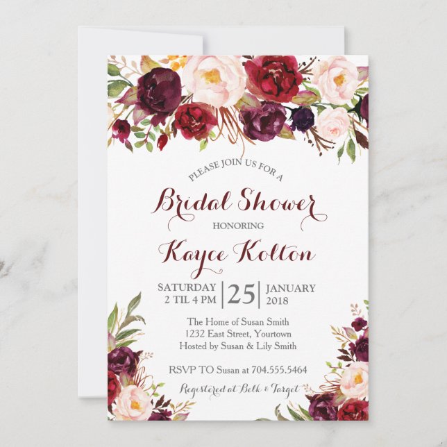 Burgund Brautdusche Einladung (Vorderseite)