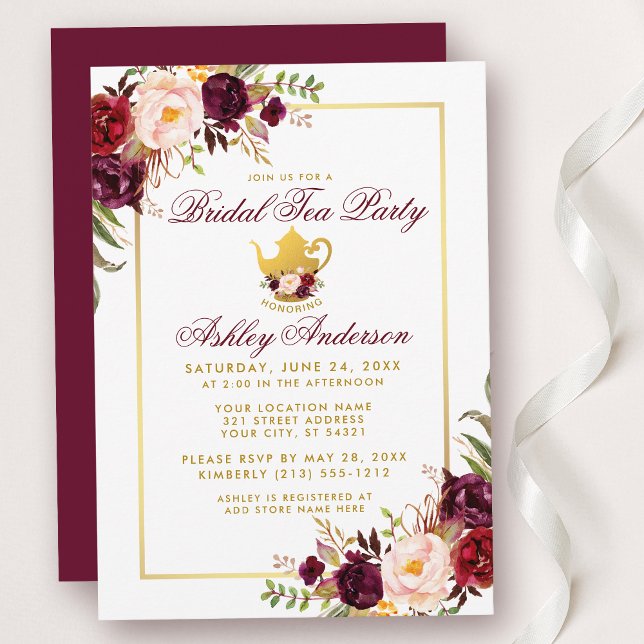 Burgund Brautparty Tee Party Gold Einladung B (Customize to change text color, size, style or to change color of back of card.)