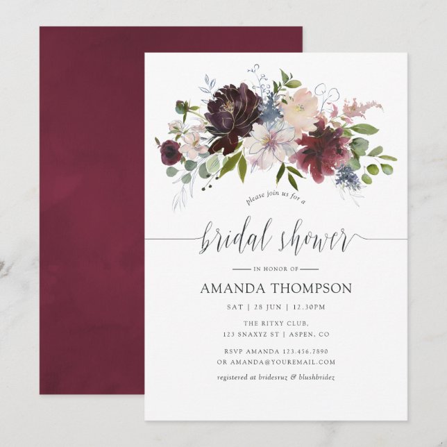 Burgund-Brautparty und Navy-Floral-Aquarell Einladung (Vorne/Hinten)
