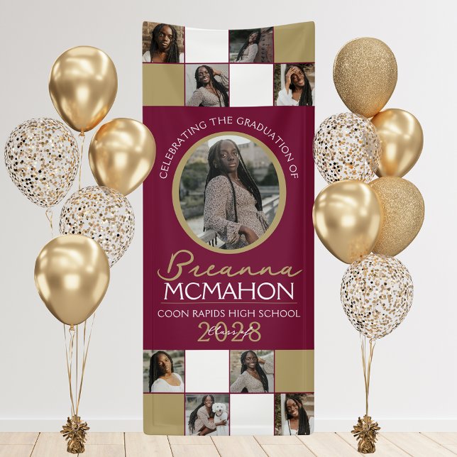 Burgund & Bronze 9 Foto Collage Abschluss Vinyl Banner (Burgundy and Bronze Gold 9 Photo Graduation Vinyl Hanging Banner. Indoor or Outdoor Available )