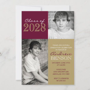 Burgund & Bronze Gold Classic 2 Foto Abschluss Einladung