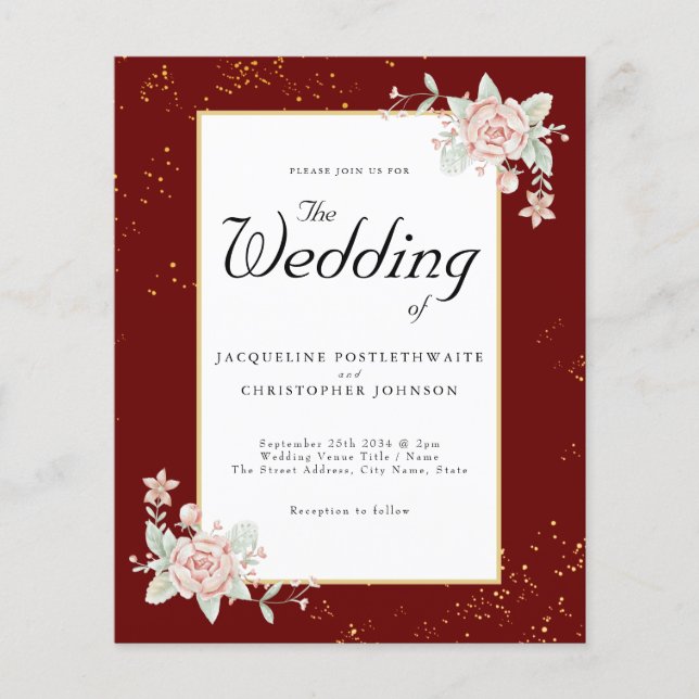 Burgund Budget Hochzeit Einladung Pink Peony Flyer (Vorne)