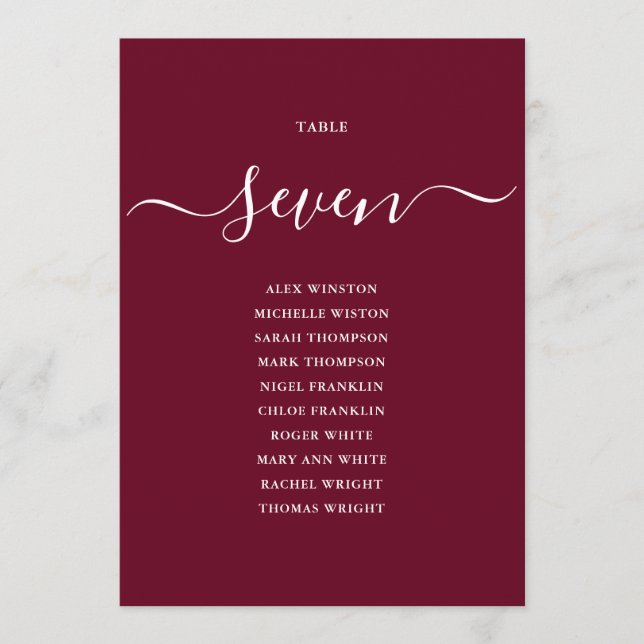 Burgund Chic Script Tischnummer Sitzplan (Vorderseite)