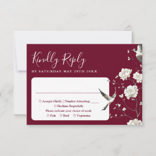 Burgund Chinoiserie Blumengarten Hochzeit RSVP Karte