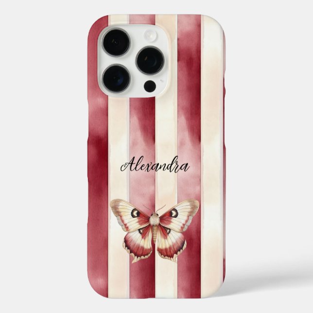 Burgund Cream Stripes Butterfly iPhone 16 Pro Hülle (Rückseite)