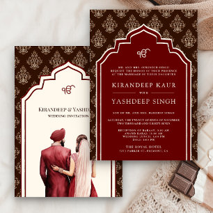 Burgund Creme Braun Ikat Anand Karaj Sikhische Hoc Einladung