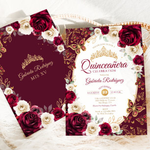 Burgund Creme Gold Floral Chic Quinceanera Einladung