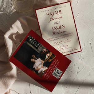 Burgund Creme Old Money QR Code Foto Hochzeit Einladung