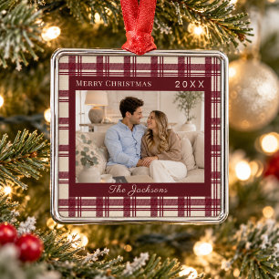 Burgund Creme Tartan Karo Weihnachtsfoto Ornament Aus Metall