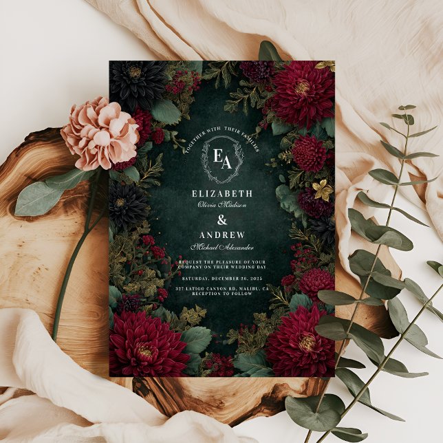 Burgund Dahlia & Gold Herbsthochzeit Einladung (Von Creator hochgeladen)