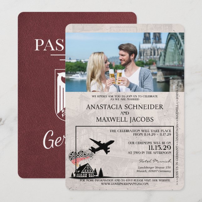 Burgund Deutschland Passport Wedding Einladung (Vorne/Hinten)
