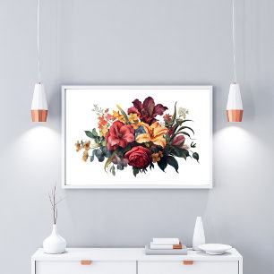 Burgund dunkelrote Pfirsich-Vintage-Blumen-Grün Poster