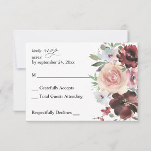 Burgund & Dusty Blush Pink 5 Floral ni Mahlzeit RSVP Karte