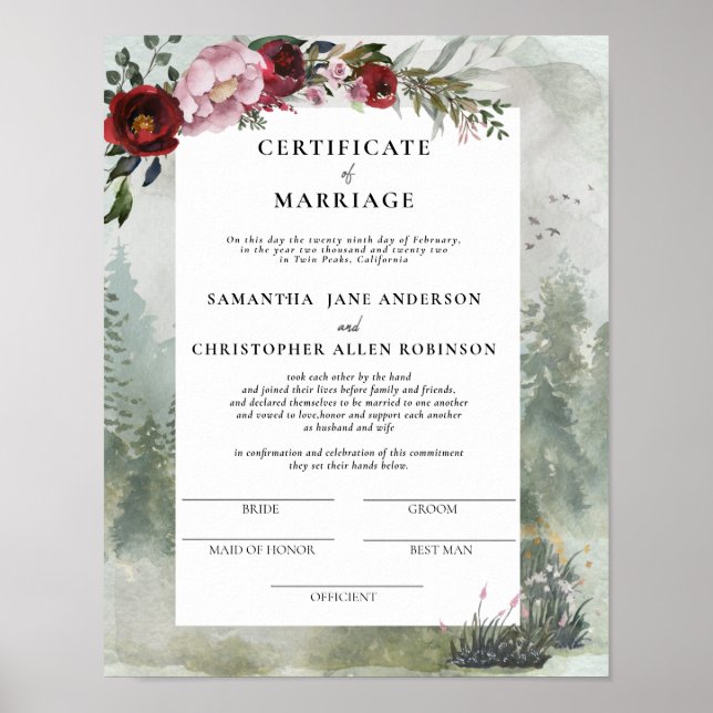 Burgund Dusty Rose Blumenurkunde Poster (Vorne)