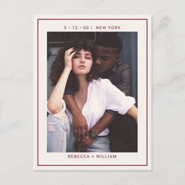 Burgund einfache Foto Hochzeit speichern Sie das D Postkarte (Vorderseite)