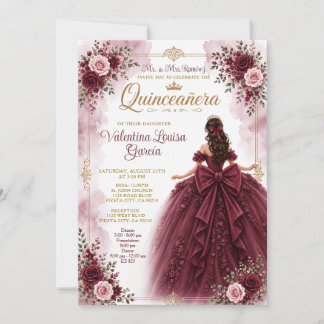 Burgund Einladung zur Quinceañera im floralen Ball