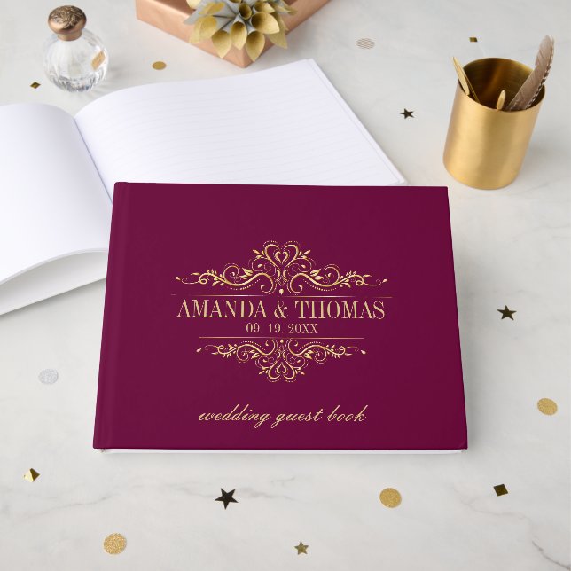 Burgund Elegant Rahmen Personalisierte Hochzeit Gästebuch (Vorderseite Offen)