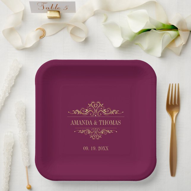 Burgund Elegant Rahmen Personalisierte Hochzeit Pappteller (Hochzeit)