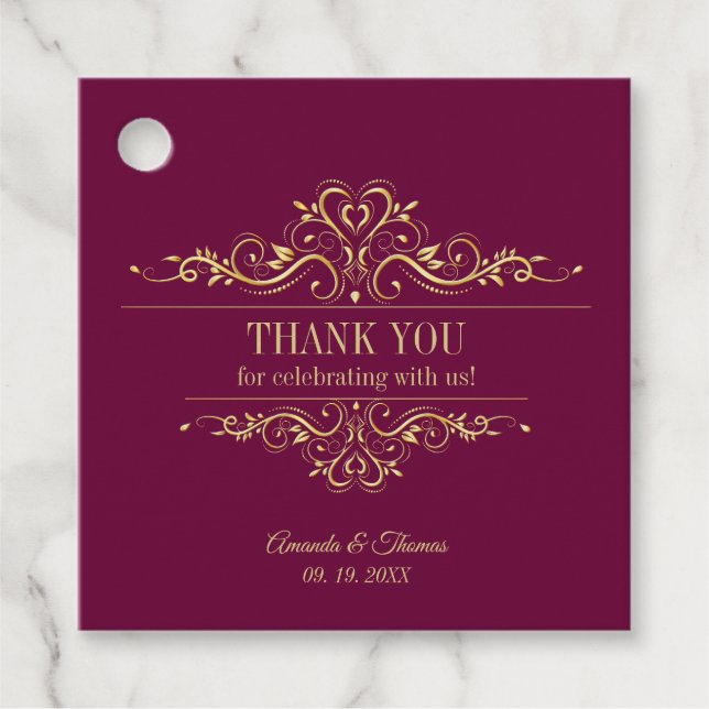 Burgund elegante goldene Rahmen Hochzeit Geschenkanhänger (Vorderseite)
