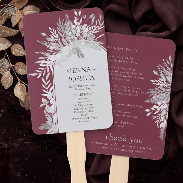 Burgund Elegantes Botanisches Hochzeitsprogramm Fächer (Program fans in burgundy and grey from the Foliage Duet Collection by Darling & May)