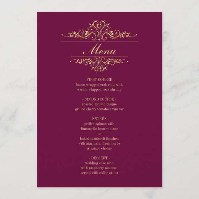 Burgund elegantes goldenes Rahmen Hochzeitsmenü Menükarte (Vorderseite)